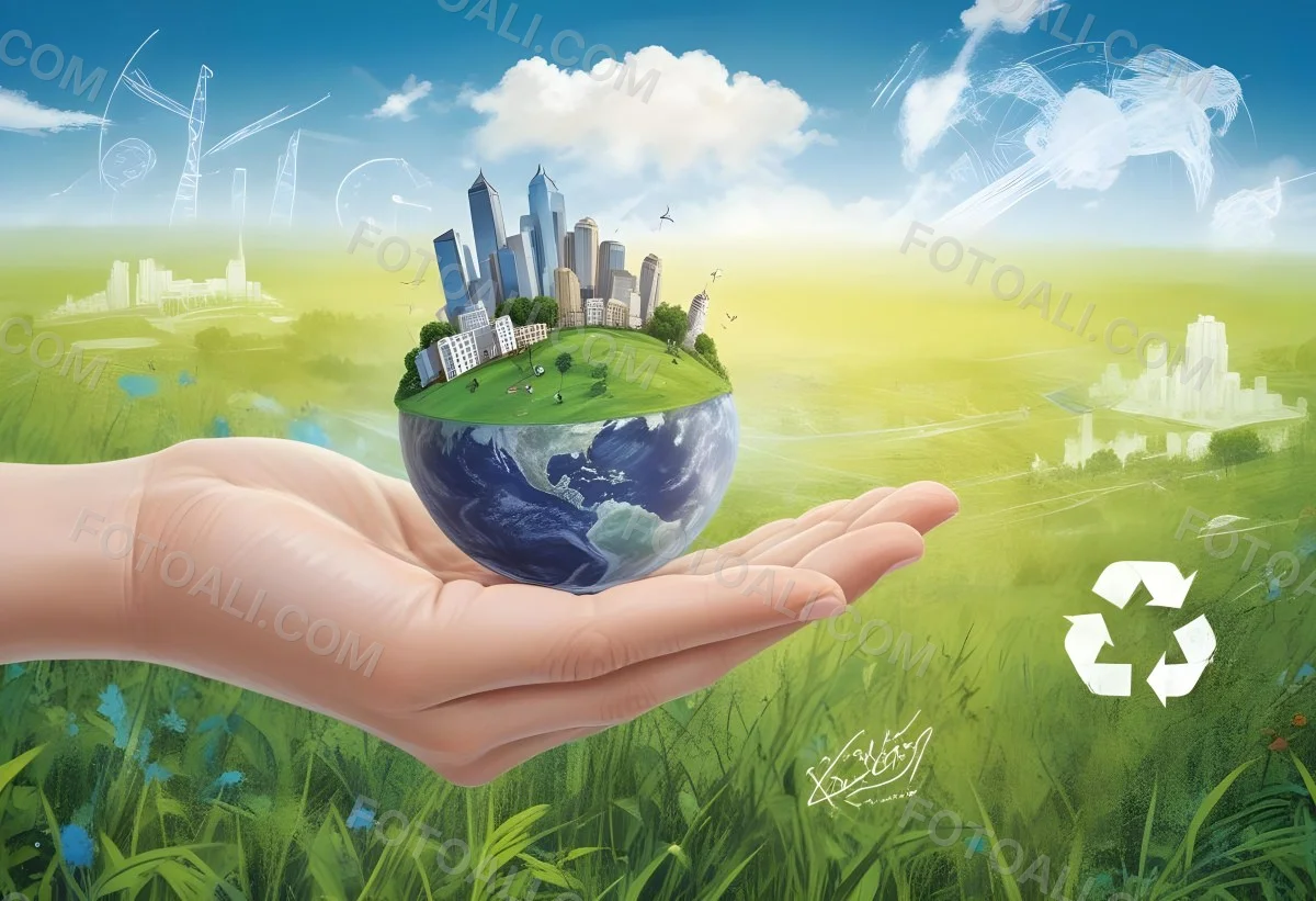 A Hand Holding A Half Earth With A City On Top In A Green Field With A Blue Sky And Some Drawings 7 A615