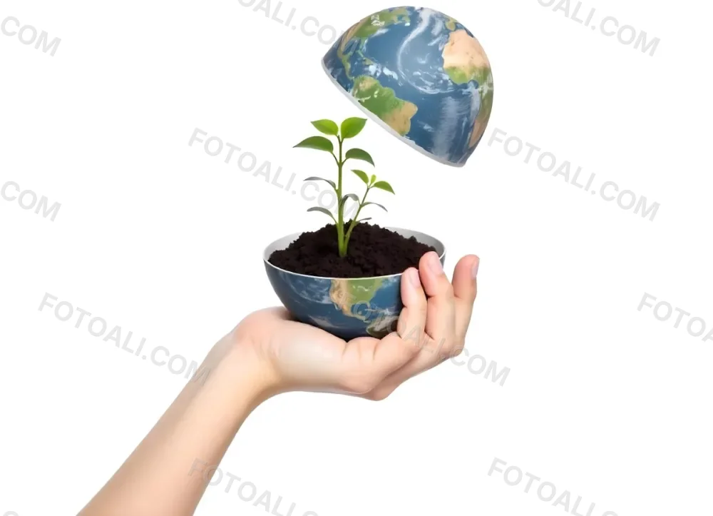 A Hand Holding A Half Earth With A Plant Growing Inside The Other Half Of The Earth Floating Above White Background 21 Ea55