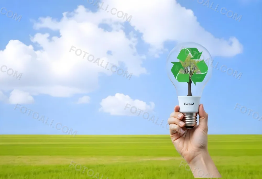 A Hand Holding A Light Bulb With A Green Recycle Symbol And A Tree Inside In A Green Field With A Blue Sky And White Clouds 78 B867