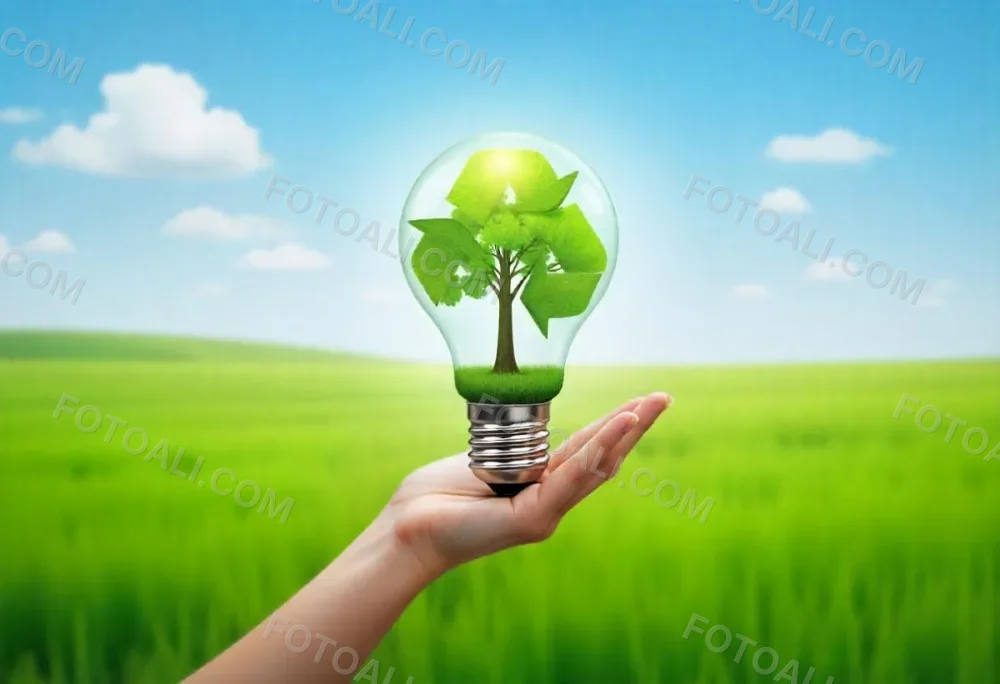 A Hand Holding A Light Bulb With A Green Recycle Symbol And A Tree Inside In A Green Field With A Blue Sky And White Clouds 87 6389