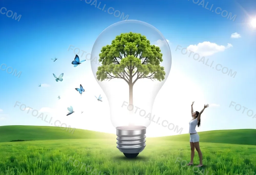 A Hand Holding A Light Bulb With A Green Recycle Symbol And A Tree Inside In A Green Field With A Blue Sky And White Clouds 9 B2f4