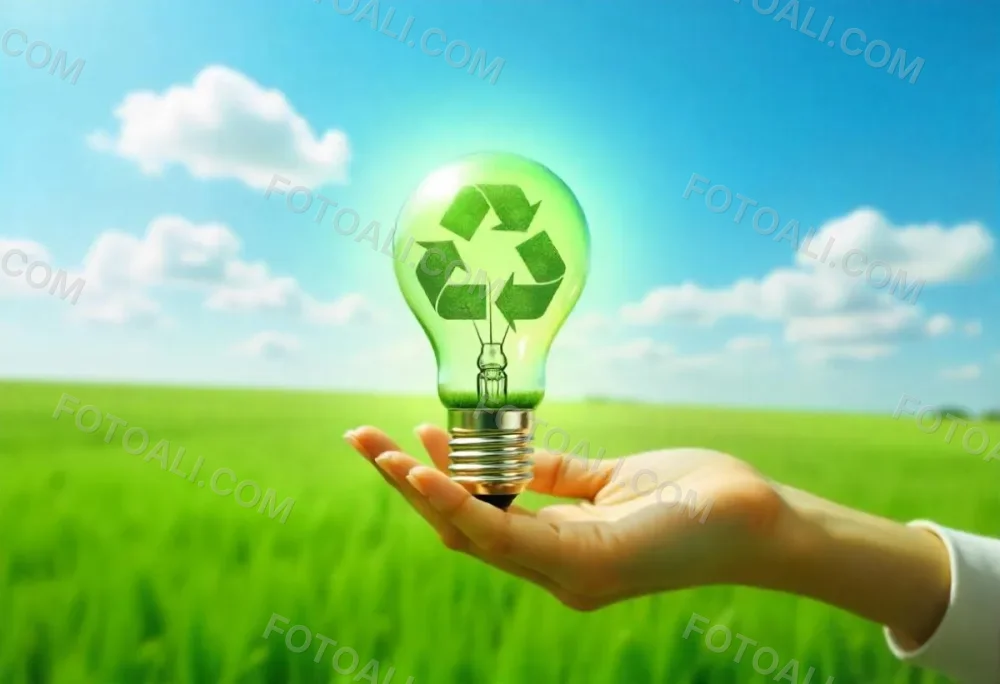 A Hand Holding A Light Bulb With A Green Recycle Symbol And A Tree Inside In A Green Field With A Blue Sky And White Clouds 93 5765