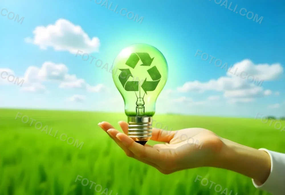 A Hand Holding A Light Bulb With A Green Recycle Symbol And A Tree Inside In A Green Field With A Blue Sky And White Clouds 95 8277