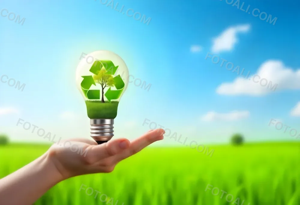 A Hand Holding A Light Bulb With A Green Recycle Symbol And A Tree Inside In A Green Field With A Blue Sky And White Clouds 97 34b1