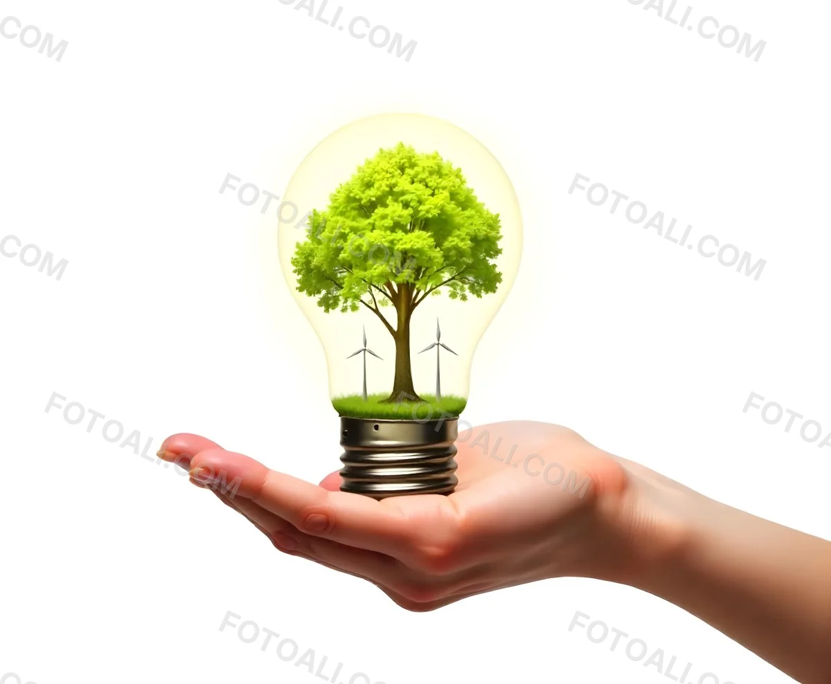 A Hand Holding A Light Bulb With A Tree And Two Windmills Inside The Background Is Plain White 61 9ca7