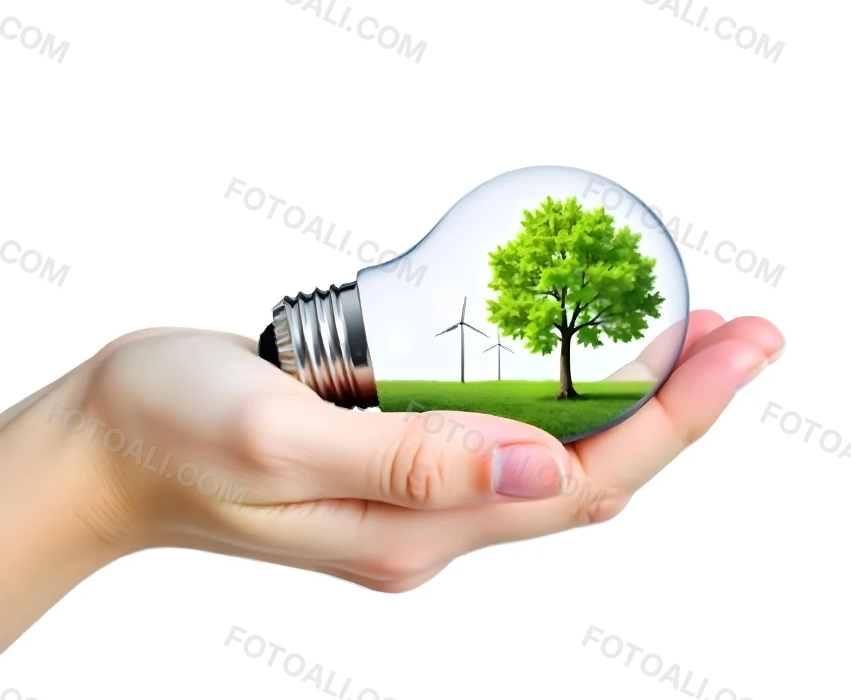 A Hand Holding A Light Bulb With A Tree And Two Windmills Inside The Background Is Plain White 65 Aa73