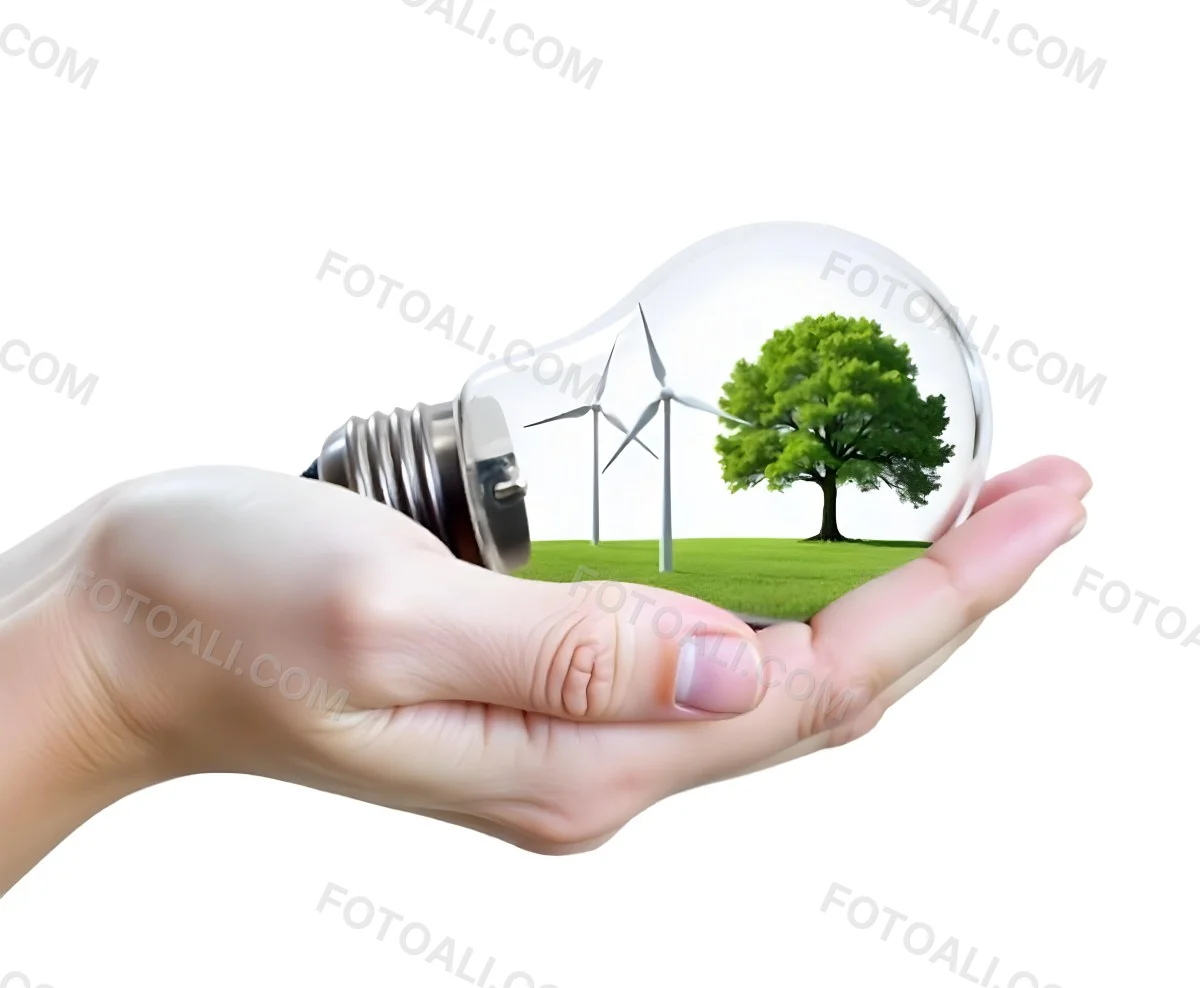 A Hand Holding A Light Bulb With A Tree And Two Windmills Inside The Background Is Plain White 67 0973