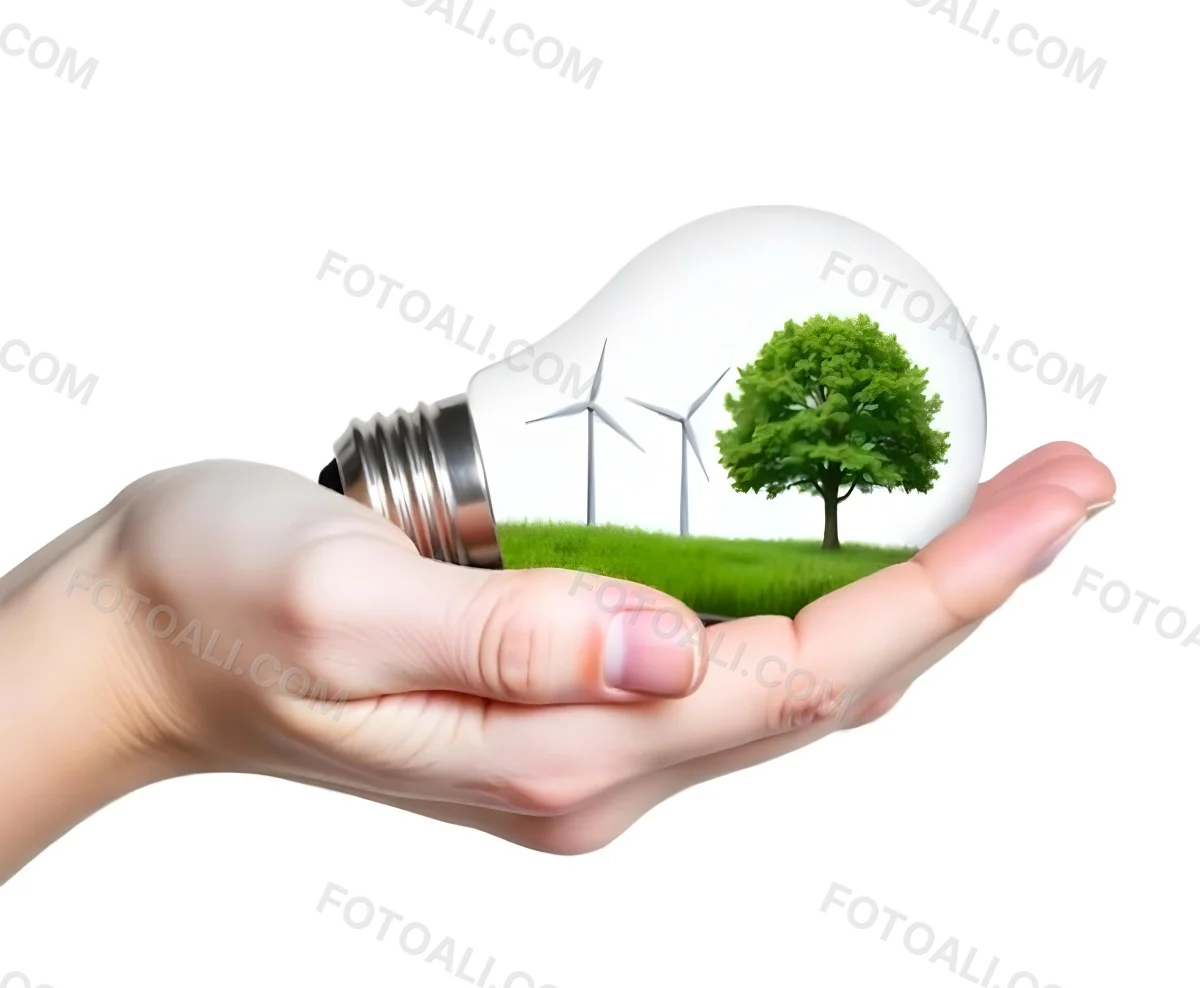 A Hand Holding A Light Bulb With A Tree And Two Windmills Inside The Background Is Plain White 71 62cf