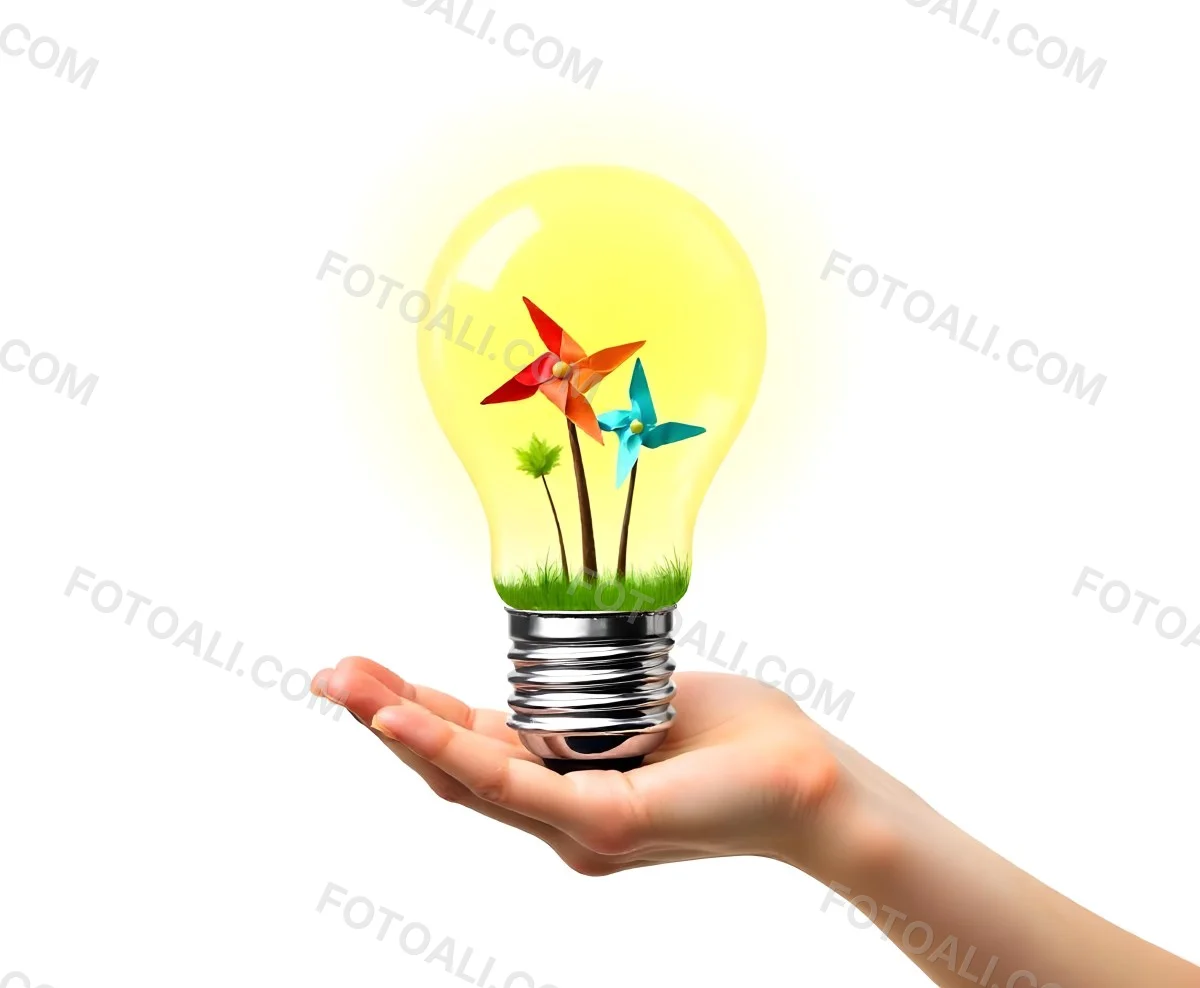 A Hand Holding A Light Bulb With A Tree And Two Windmills Inside The Background Is Plain White 80 B32f