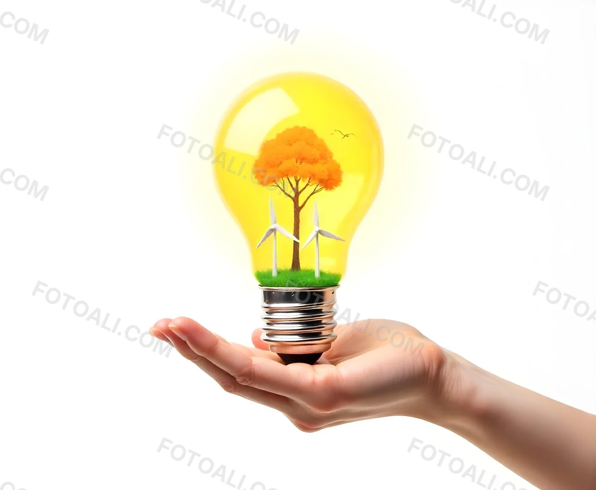 A Hand Holding A Light Bulb With A Tree And Two Windmills Inside The Background Is Plain White 87 F348
