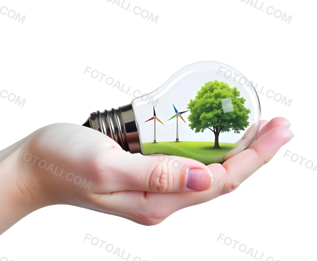 A Hand Holding A Light Bulb With A Tree And Two Windmills Inside The Background Is Plain White 88 A3f3