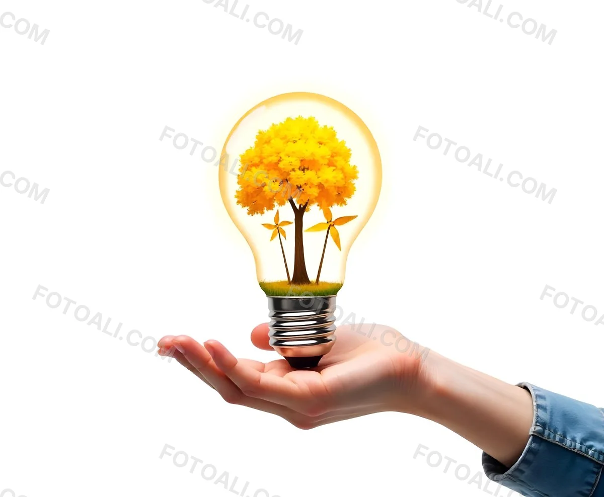 A Hand Holding A Light Bulb With A Tree And Two Windmills Inside The Background Is Plain White 90 09c1