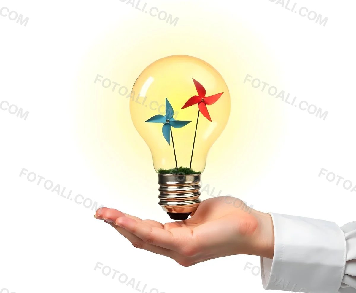 A Hand Holding A Light Bulb With A Tree And Two Windmills Inside The Background Is Plain White 91 1980
