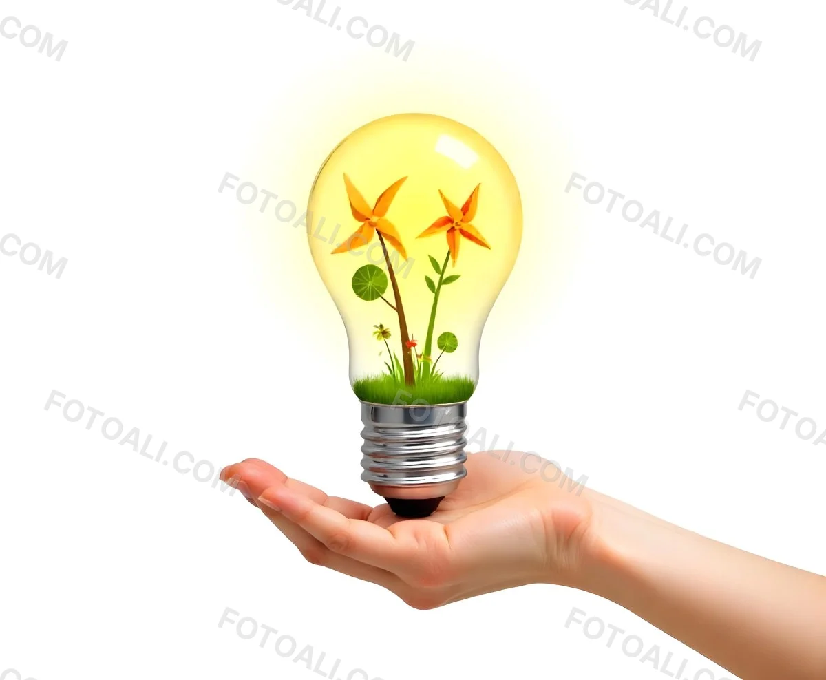 A Hand Holding A Light Bulb With A Tree And Two Windmills Inside The Background Is Plain White 92 A6ab