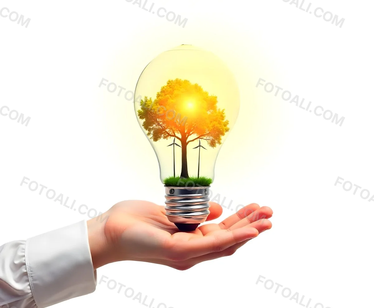 A Hand Holding A Light Bulb With A Tree And Two Windmills Inside The Background Is Plain White 93 0186