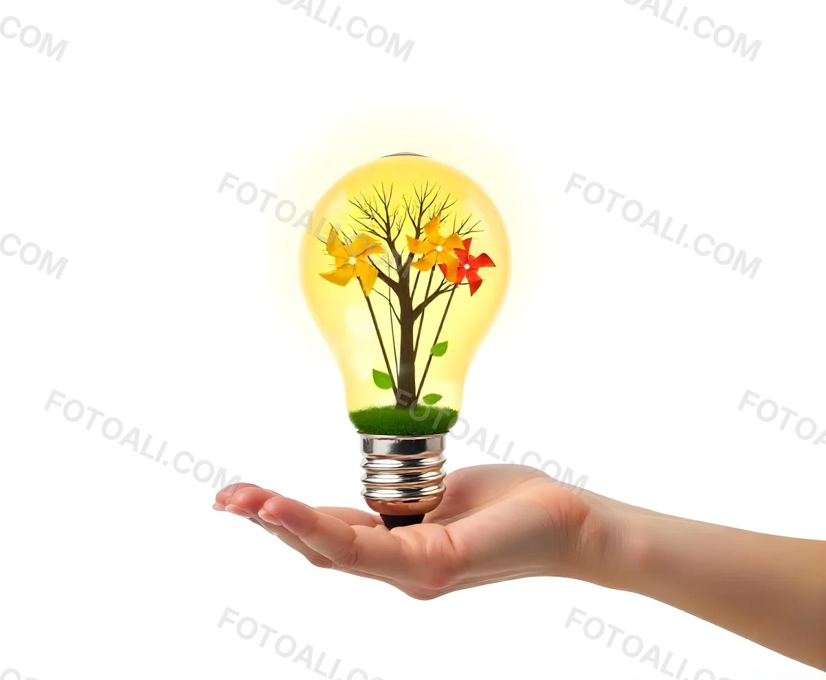 A Hand Holding A Light Bulb With A Tree And Two Windmills Inside The Background Is Plain White 94 393d