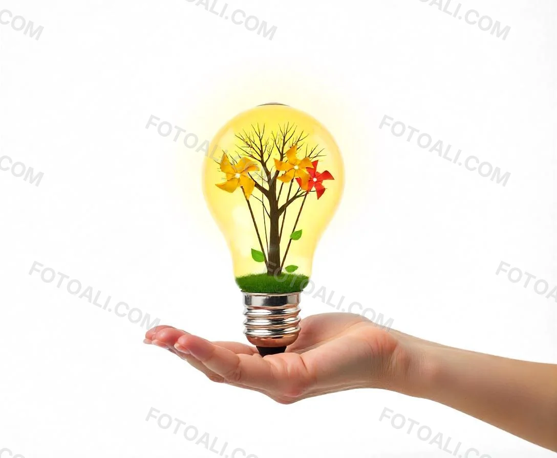 A Hand Holding A Light Bulb With A Tree And Two Windmills Inside The Background Is Plain White 95 43be