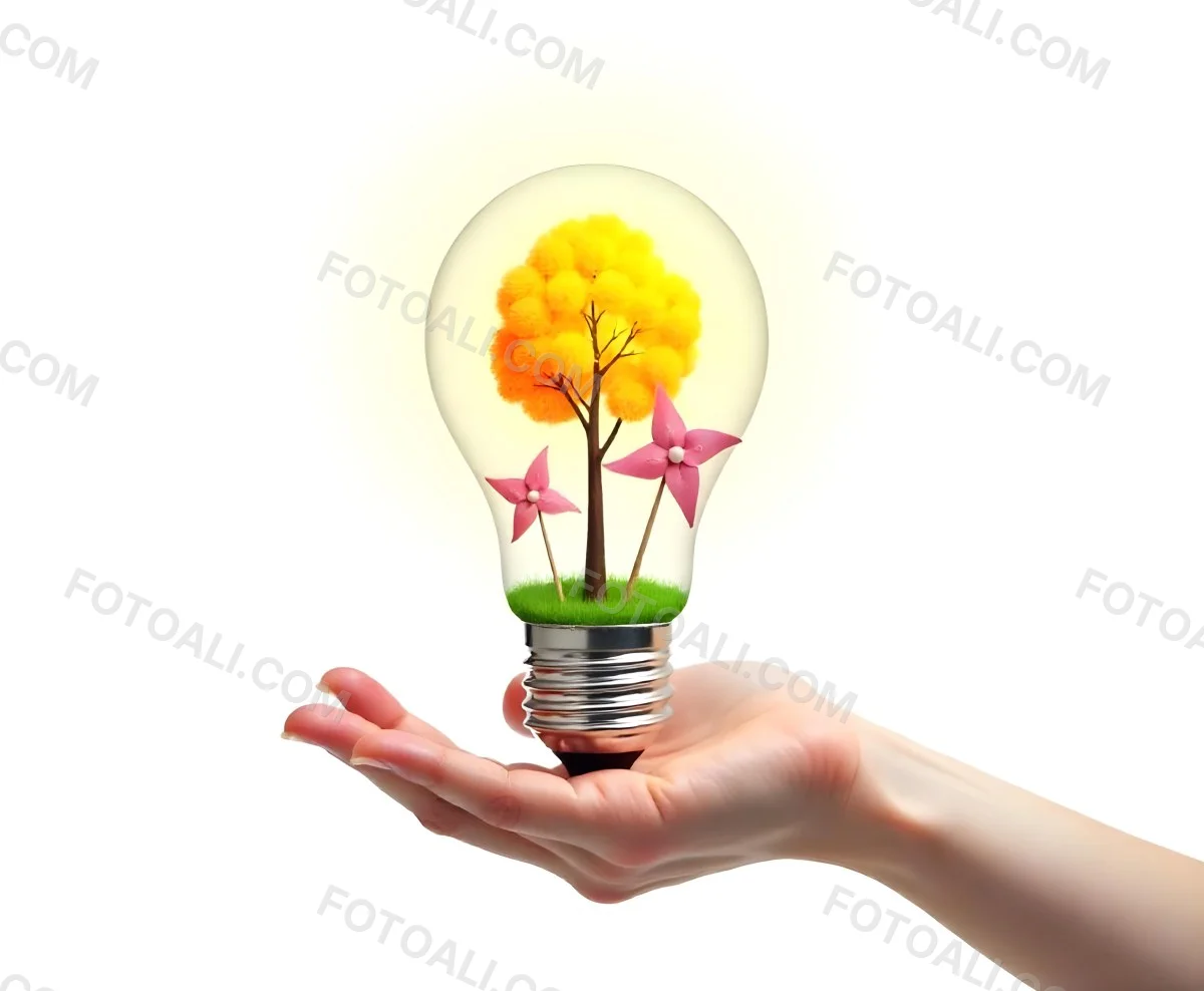 A Hand Holding A Light Bulb With A Tree And Two Windmills Inside The Background Is Plain White 96 01fa