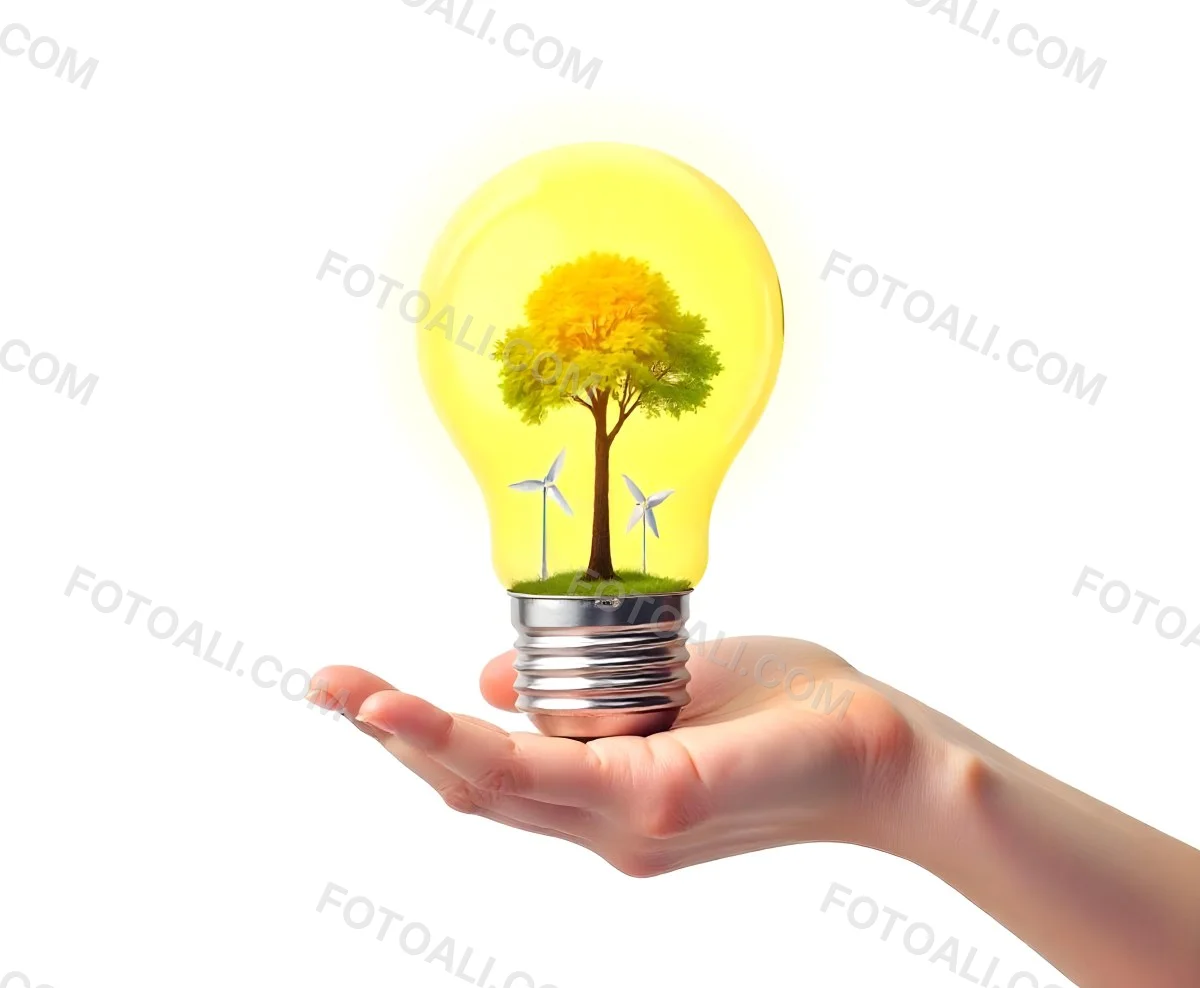 A Hand Holding A Light Bulb With A Tree And Two Windmills Inside The Background Is Plain White 97 B4ba