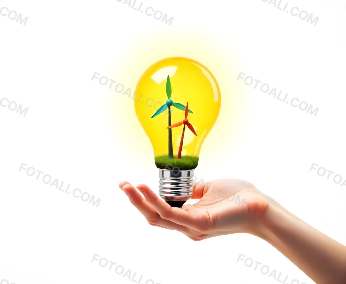 A Hand Holding A Light Bulb With A Tree And Two Windmills Inside The Background Is Plain White 98 7733
