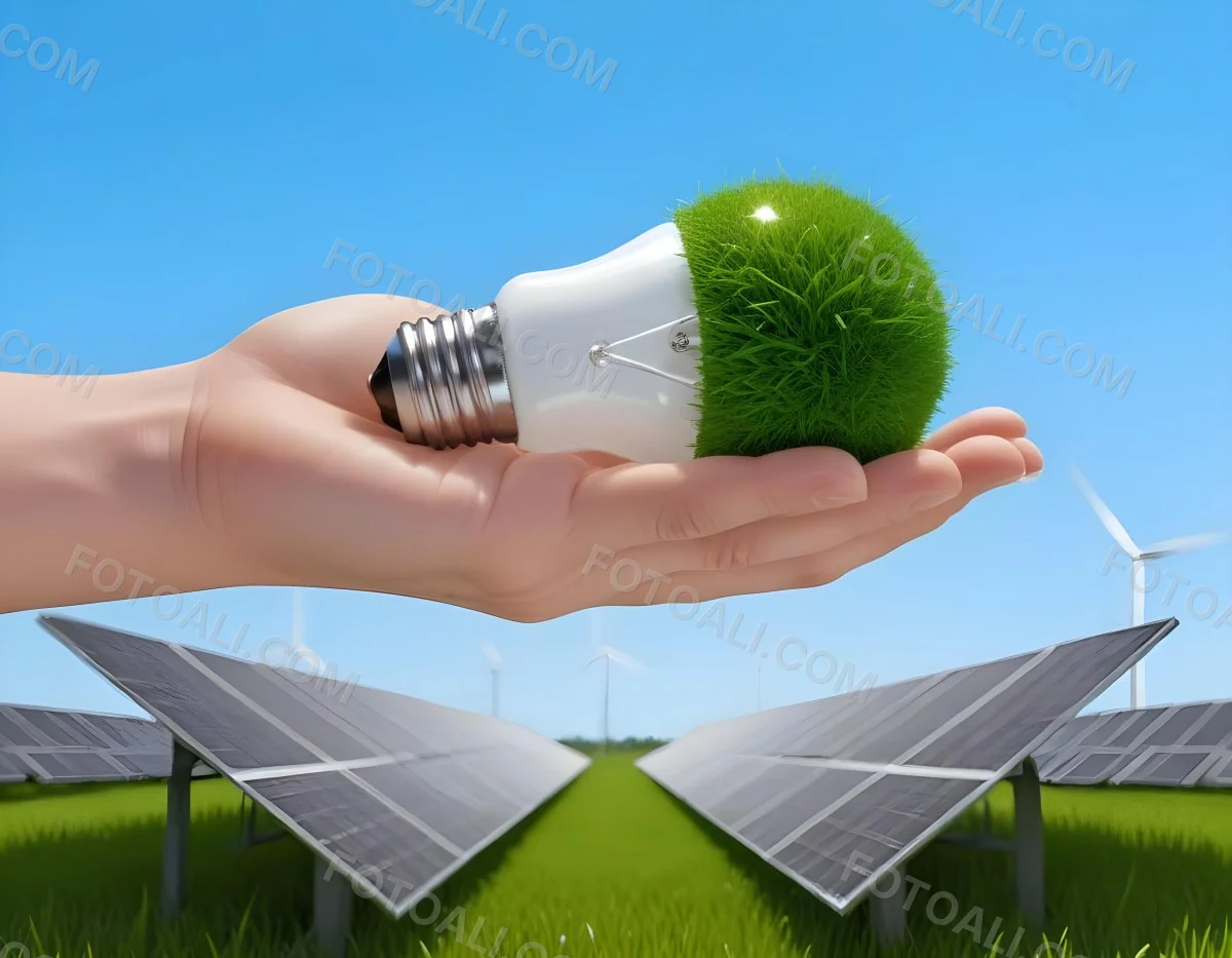 A Hand Holding A Light Bulb With Green Grass On Top Of It Solar Panels In A Green Field And A Blue Sky 21 297f
