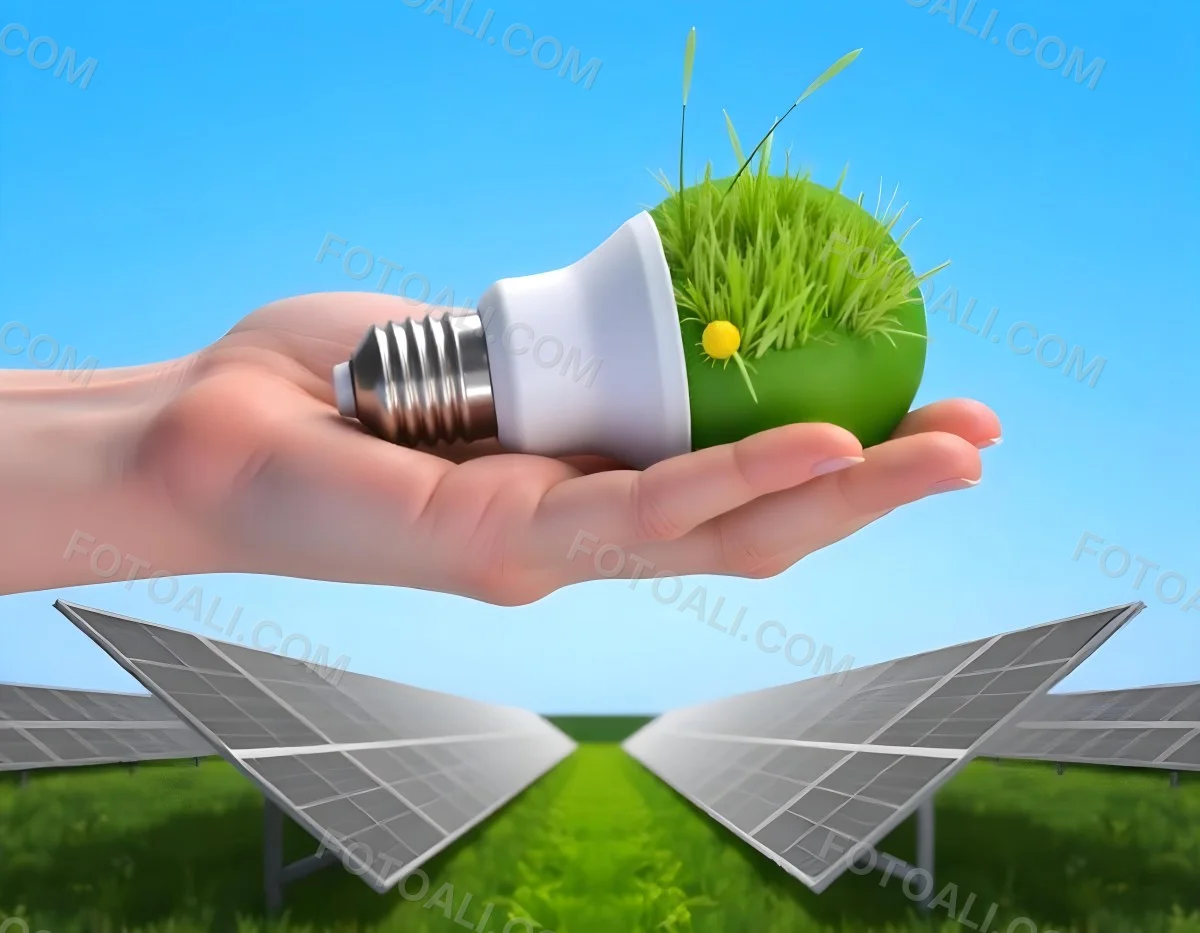 A Hand Holding A Light Bulb With Green Grass On Top Of It Solar Panels In A Green Field And A Blue Sky 30 F164