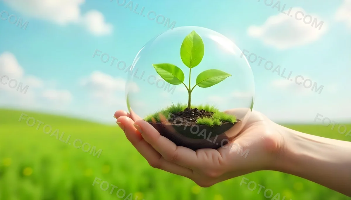 A Hand Holding A Light Bulb With Green Grass On Top Of It Solar Panels In A Green Field And A Blue Sky 55 046b