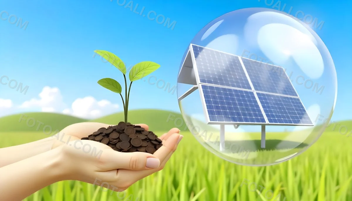 A Hand Holding A Light Bulb With Green Grass On Top Of It Solar Panels In A Green Field And A Blue Sky 59 9b7c