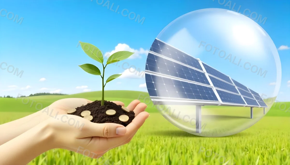 A Hand Holding A Light Bulb With Green Grass On Top Of It Solar Panels In A Green Field And A Blue Sky 65 D270