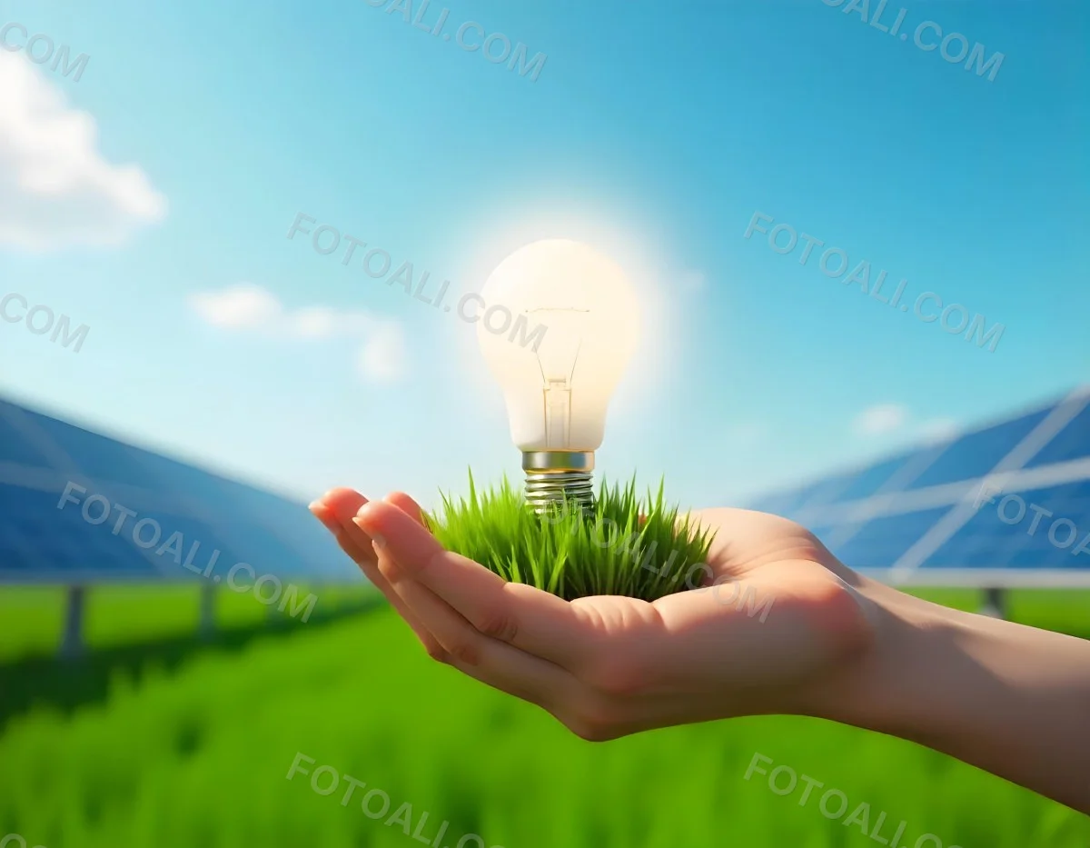 A Hand Holding A Light Bulb With Green Grass On Top Of It Solar Panels In A Green Field And A Blue Sky 9 22f8