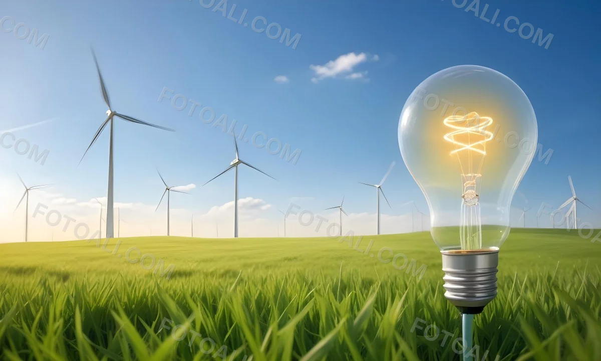 A Hand Holding A Light Bulb With Green Grass On Top Of It Solar Panels In A Green Field And A Blue Sky 97 B68d