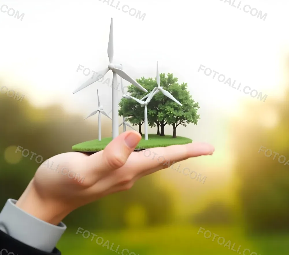 A Hand Holding A Miniature Wind Farm With Green Trees The Background Is Blurred And Green 17 99ee
