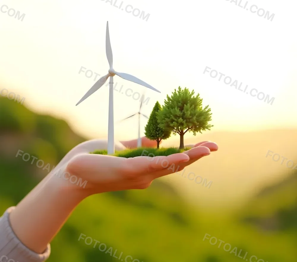 A Hand Holding A Miniature Wind Farm With Green Trees The Background Is Blurred And Green 20 B4d8