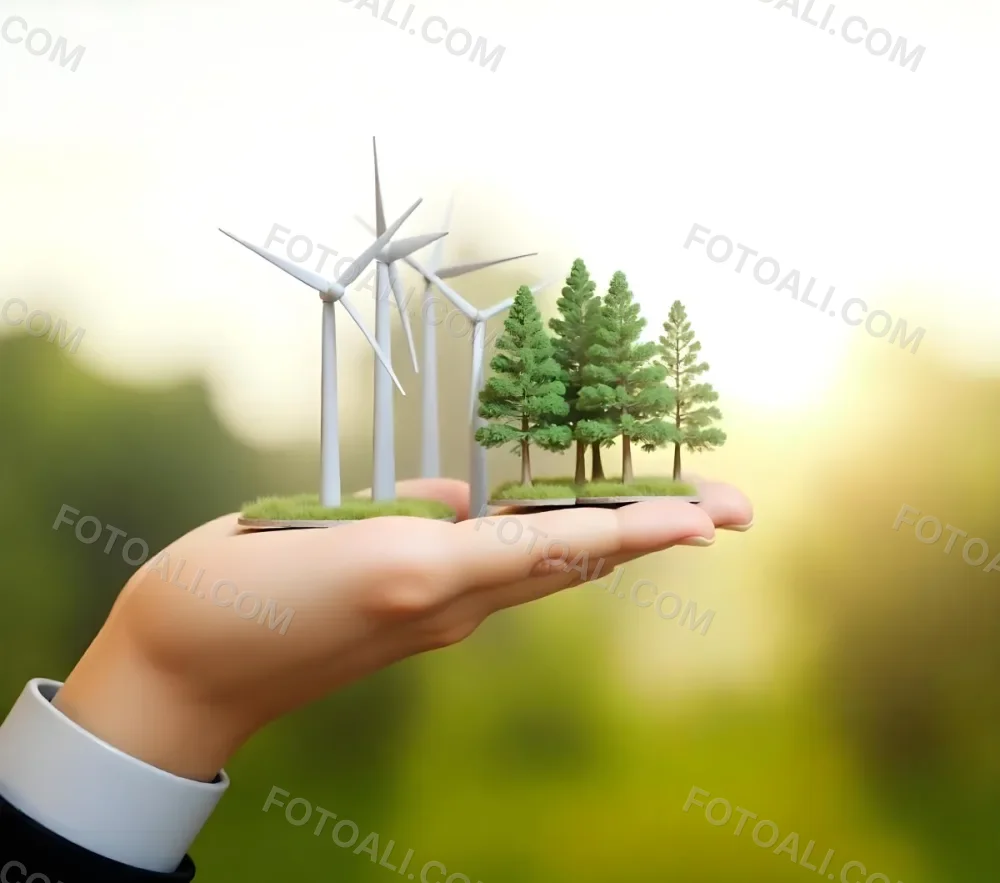 A Hand Holding A Miniature Wind Farm With Green Trees The Background Is Blurred And Green 22 827e