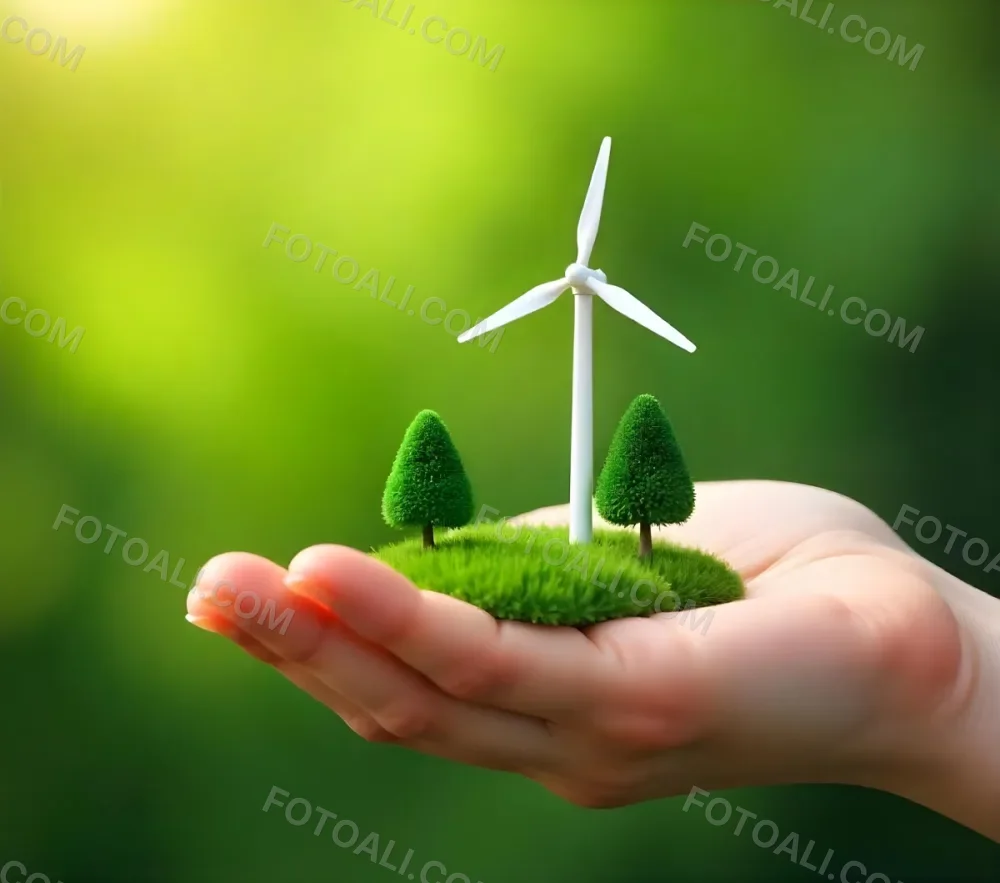 A Hand Holding A Miniature Wind Farm With Green Trees The Background Is Blurred And Green 26 668a