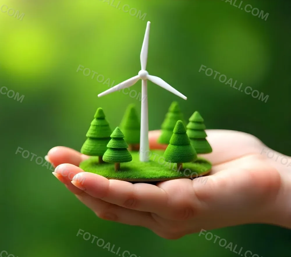 A Hand Holding A Miniature Wind Farm With Green Trees The Background Is Blurred And Green 3 C0d2