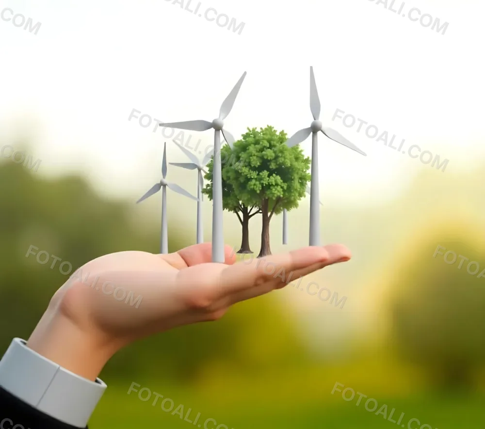 A Hand Holding A Miniature Wind Farm With Green Trees The Background Is Blurred And Green 31 5e57