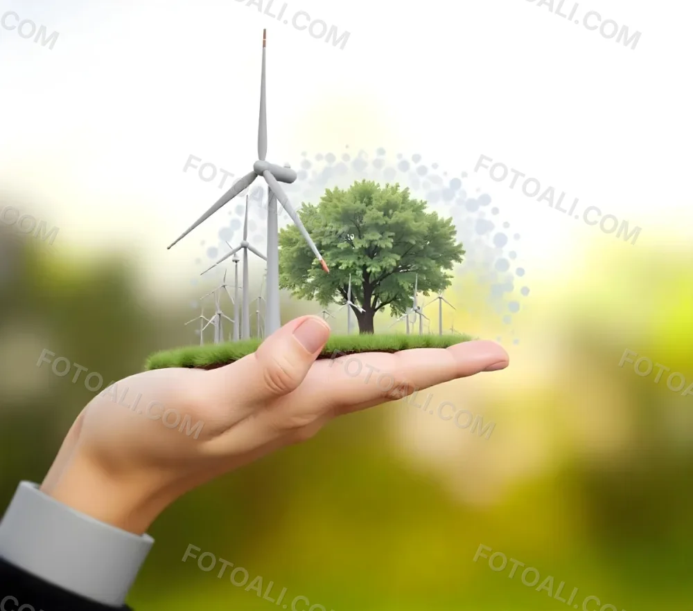 A Hand Holding A Miniature Wind Farm With Green Trees The Background Is Blurred And Green 32 0658