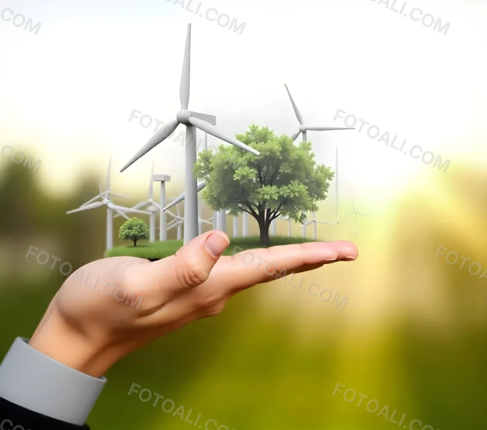 A Hand Holding A Miniature Wind Farm With Green Trees The Background Is Blurred And Green 33 71cf