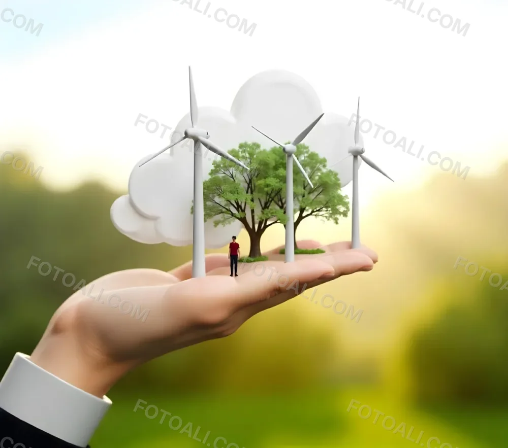 A Hand Holding A Miniature Wind Farm With Green Trees The Background Is Blurred And Green 35 689b