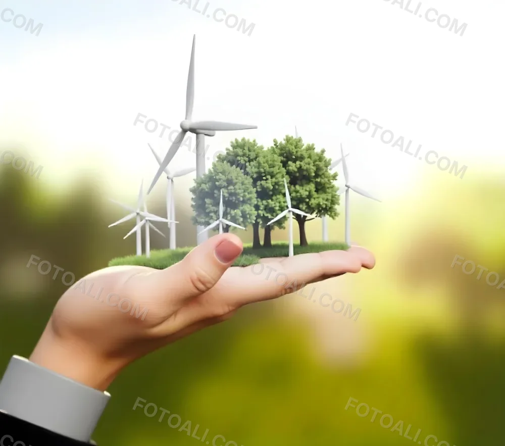 A Hand Holding A Miniature Wind Farm With Green Trees The Background Is Blurred And Green 36 371b