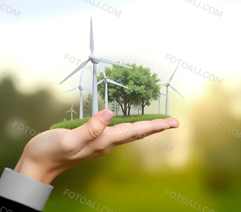 A Hand Holding A Miniature Wind Farm With Green Trees The Background Is Blurred And Green 38 F485
