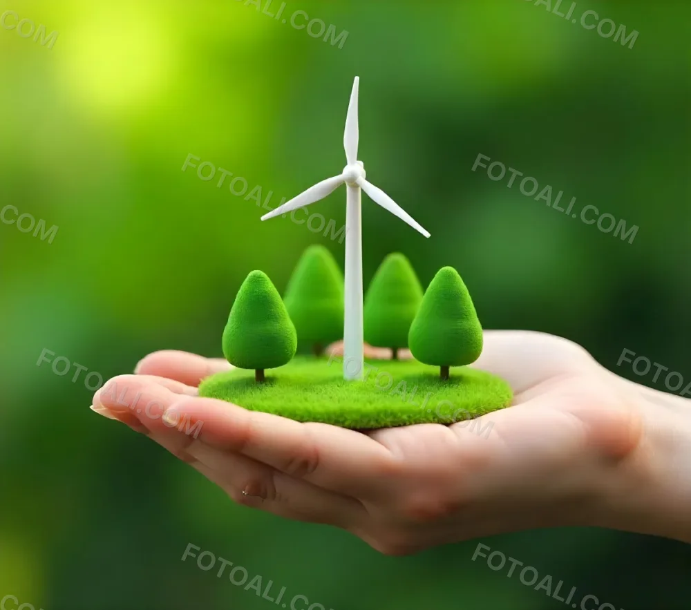 A Hand Holding A Miniature Wind Farm With Green Trees The Background Is Blurred And Green 5 8d0e