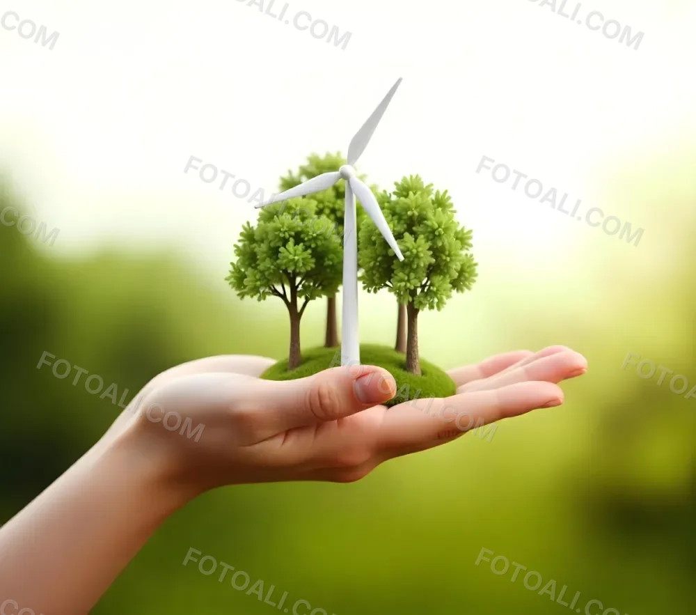 A Hand Holding A Miniature Wind Farm With Green Trees The Background Is Blurred And Green 6 5aab