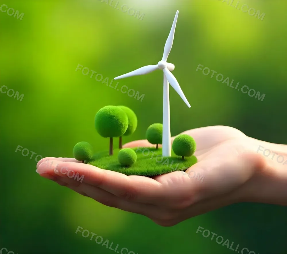 A Hand Holding A Miniature Wind Farm With Green Trees The Background Is Blurred And Green 7 0c05