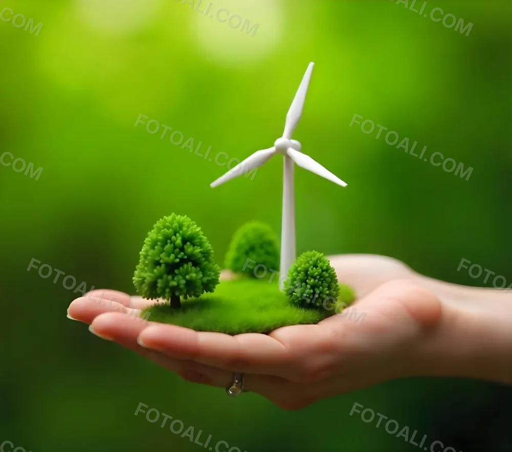 A Hand Holding A Miniature Wind Farm With Green Trees The Background Is Blurred And Green 8 Cfb9
