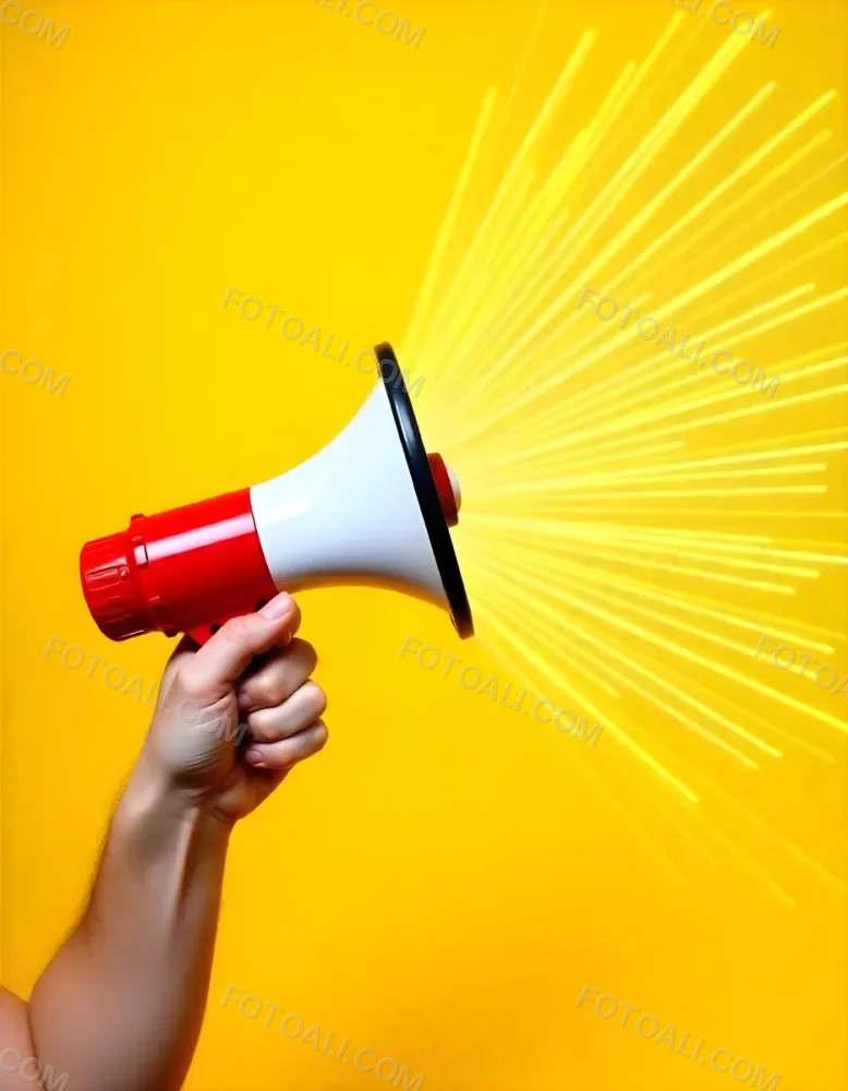 A Hand Holding A Red And White Megaphone With Yellow Rays Coming Out Of It White Background 11 A8b7
