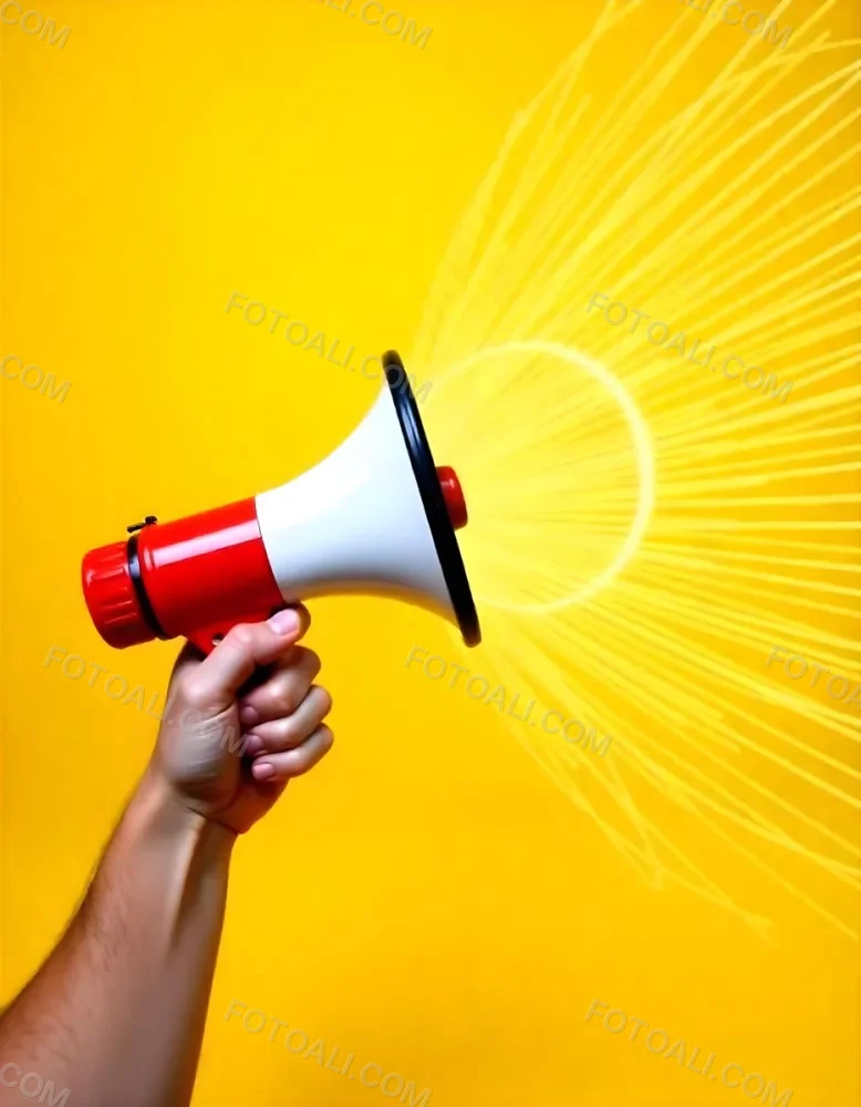 A Hand Holding A Red And White Megaphone With Yellow Rays Coming Out Of It White Background 13 27a6