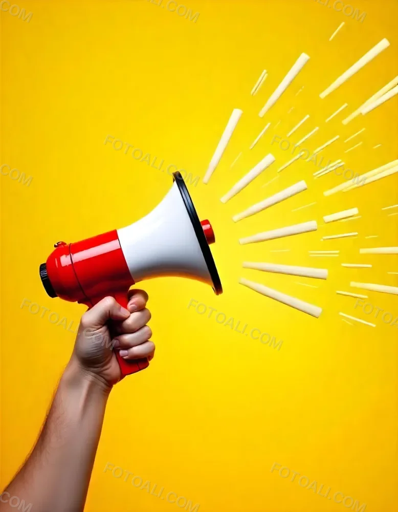 A Hand Holding A Red And White Megaphone With Yellow Rays Coming Out Of It White Background 14 Dbd9