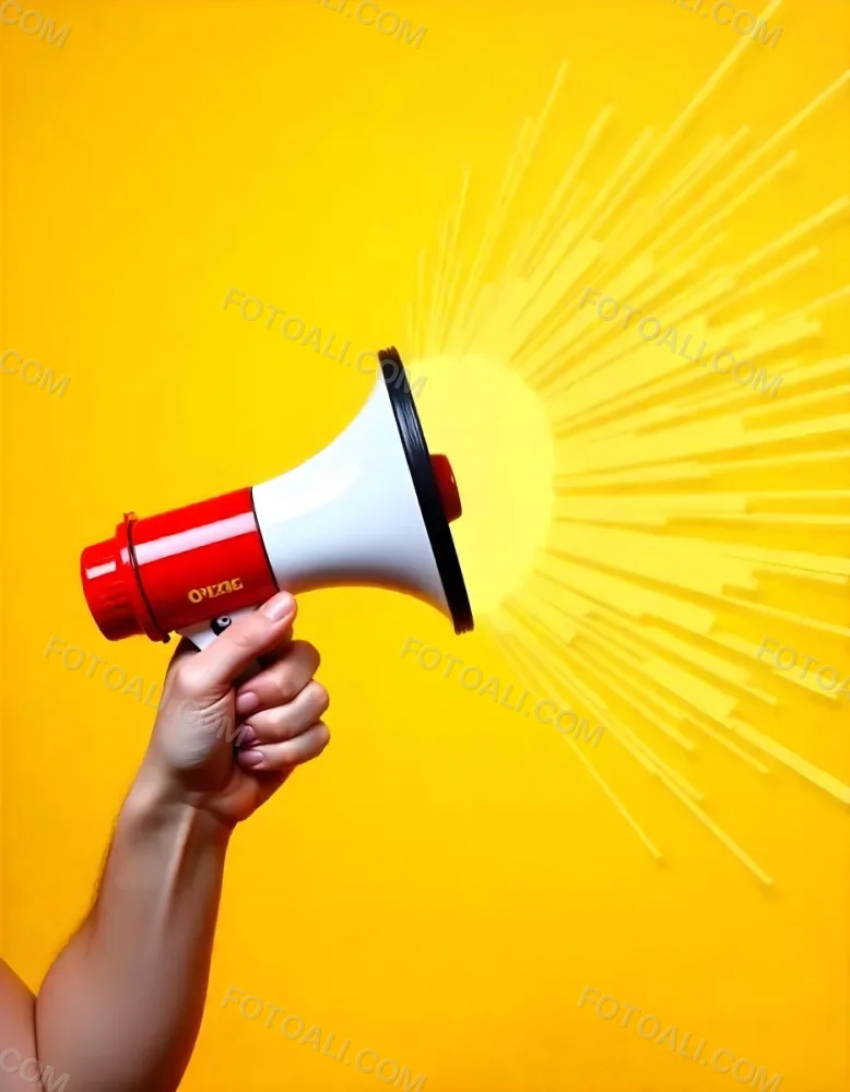 A Hand Holding A Red And White Megaphone With Yellow Rays Coming Out Of It White Background 19 911b
